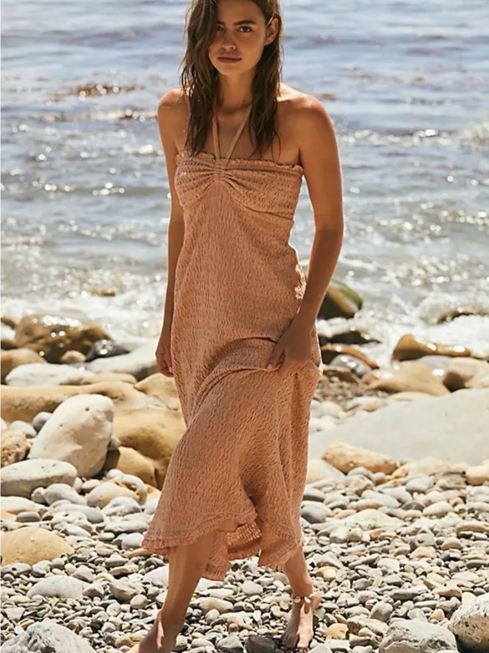 Free People Amelia Strapless Peach Textured Midi Dress